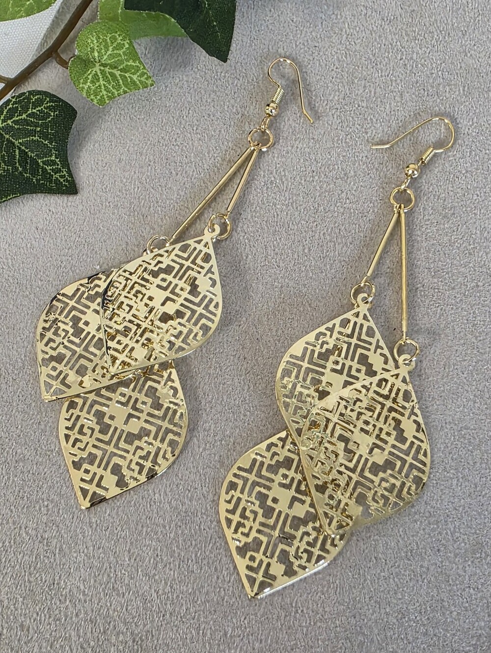 Gold Filled Layered Filigree Leaf Dangle Earrings Geometric Lattice Drops